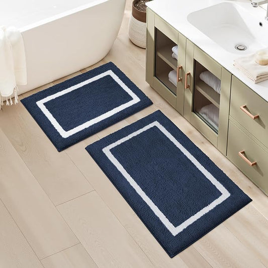 HOMEIDEAS Navy Blue Bathroom Rugs Sets 2 Piece 20" x 32" + 16" x 24" | Super Soft and Absorbent Microfiber Tufted Bath Mats, Non-Slip and Machine Washable for Bathroom, Shower, Tub