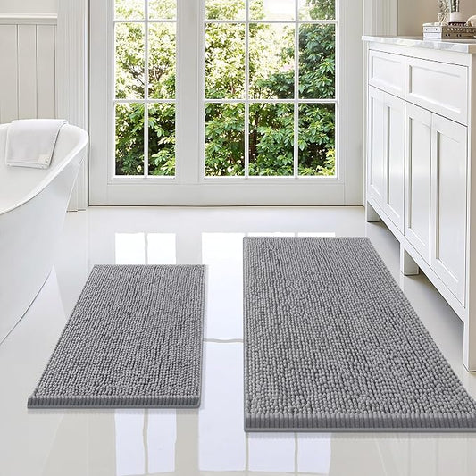 Smiry Chenille Bathroom Rugs Sets 2 Piece (36x24+24x16, Grey) | Soft Absorbent Machine Washable Non Slip Shaggy Bath Rug Set for Tub, Shower, and Floor, Home Decor