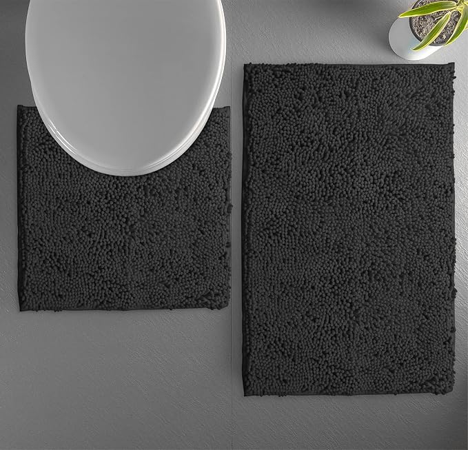 LuxUrux Bathroom Rugs Sets 2 Piece: Quick Dry, Soft Plush Anti-Slip, Super Absorbent. Includes Rectangular (31x20 inches) & U-Shaped Toilet Mat (20x20 inches) | Black