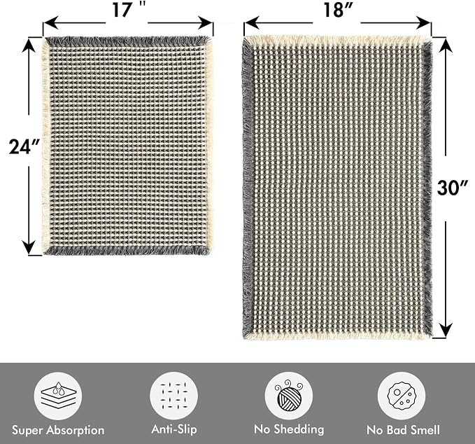 MIULEE Set of 2 Waffle Bathroom Rugs Dark Grey&Yellow 17"x24"+18"x30" | Non Slip, Super Absorbent, Washable, Ultra Soft, Rubber Backed, Small Boho Bath Rugs for Bathroom Floor Tub Shower