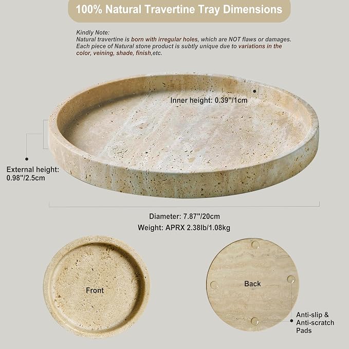 Real Travertine Tray for Jewelry, 7.9 Inch Round Marble Tray Trinket Dish, Vanity Tray for Women's Gift, Decorative Tray for Bathroom Kitchen Counter, Nightstand, Dresser, Table & Home Decor(Beige)