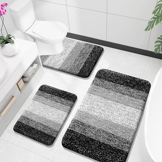 OLANLY Microfiber Bathroom Rugs Sets 3 Piece, 36"x24"+24"x16"+24"x20" | Black, Soft Absorbent Bath Mats and U-Shaped Contour Toilet Rug, Plush Shaggy Bath Mat Set for Bathroom
