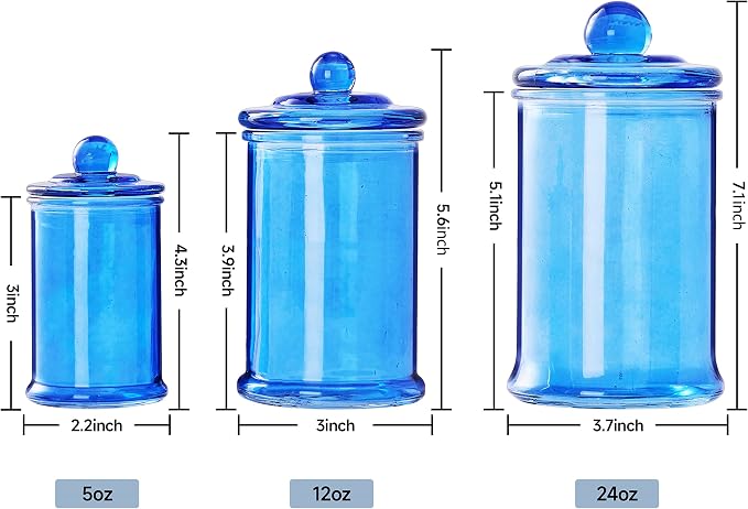 3PCs Set Small Glass Premium Quality Apothecary Jars with lids Bathroom Accessories Set for Laundry Room Storage Kitchen/Vanity Organizer Canisters for Cotton Balls, Sponges,Q-Tips(Blue jar)