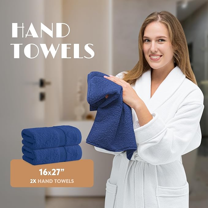 Navy Bath Towel Set of 6 - 100% Cotton Highly Absorbent Towels for Bathroom, 2 Luxury Bath Towels 650GSM, 2 Hand Towels, 2 Washcloths