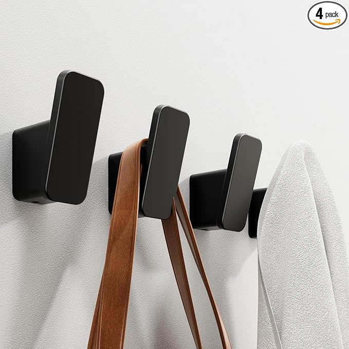 4-Pack Matte Black Towel Hook for Bathroom, Robe Coat Hook, Heavy Duty Wall Hooks for Hanging Bag Hat Mudroom Bedroom Shower Closet, Drill in Hanger Mount with Screw, Holder Back of Door Outdoor