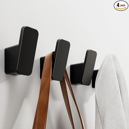 4-Pack Matte Black Towel Hook for Bathroom, Robe Coat Hook, Heavy Duty Wall Hooks for Hanging Bag Hat Mudroom Bedroom Shower Closet, Drill in Hanger Mount with Screw, Holder Back of Door Outdoor