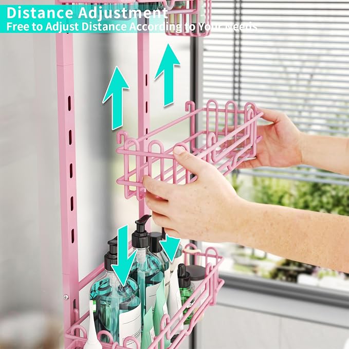 HapiRm Hanging Shower Caddy Organizer - Shower Shelf with 22 Hooks and 2 Toothbrush Holders, No Drilling Adjustable Hanging Bathroom Organizer - Pink