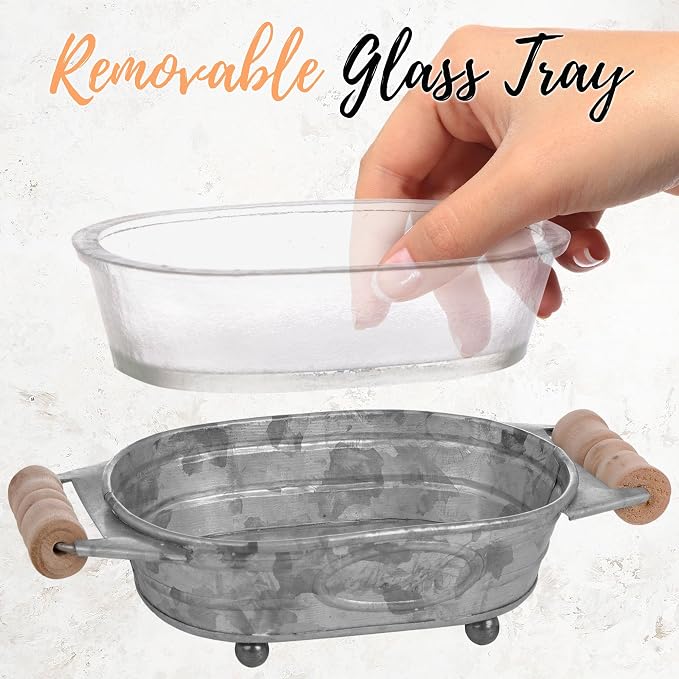 Autumn Alley Galvanized Farmhouse Soap Dish for Bathroom – Fun Kitchen Soap Tray – Farmhouse Bathroom Accessories – Rustic Soap Dish – Wooden Handles Add Vintage Appeal – Cute Bathtub Decor