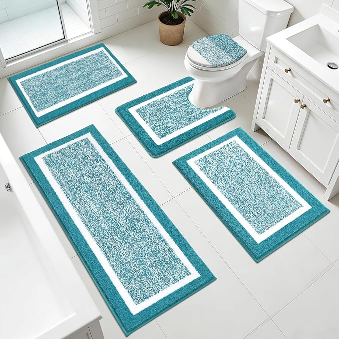 Pauwer Bathroom Rugs Set 5 Piece, Non Slip Microfiber Bath Mat, Aqua Blue | Washable Bathroom Mat with U Shaped Toilet Rug, Long Shower Runner, Toilet Lid Cover, Quick Dry Absorbent Plush Floor Carpet