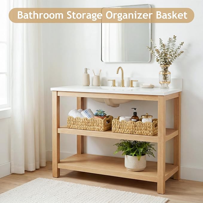 efluky Toilet Paper Basket, Scalloped Basket 2-Pack, Bathroom Decor Back of Toilet Basket, Wicker Natural Water Hyacinth Bathroom Basket for Organizing Countertop,Shelves,Bedroom