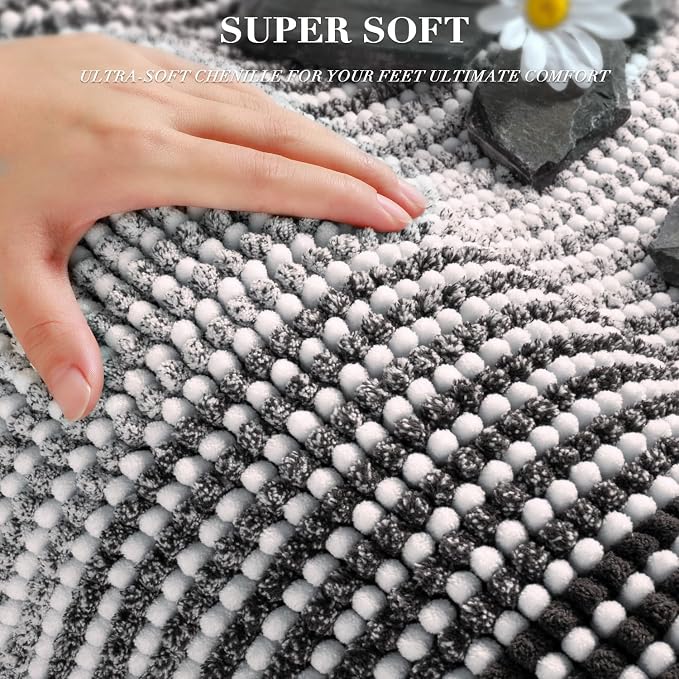 Bathroom Rugs Sets 2 Piece, Non Slip Striped Bath Mats, Gray | 20"x47" Plus 16"x24", Soft Absorbent Chenille, Quick Dry Machine Washable, Shower Rug for Bathroom Floor, Tub, Bedroom Decor