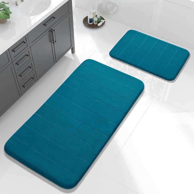 Yimobra Large Bath Mat Set 2 Piece- Super Soft Absorbent Quick Dry Memory Foam Bathroom Rugs, Machine Washable Non Slip Floor Carpet for Tub Shower & Double Vanity (17x24 & 44x24, Peacock Blue)