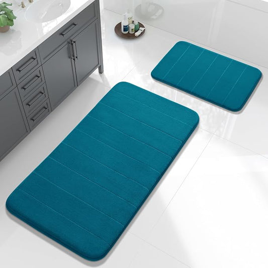 Yimobra Large Bath Mat Set 2 Piece- Super Soft Absorbent Quick Dry Memory Foam Bathroom Rugs, Machine Washable Non Slip Floor Carpet for Tub Shower & Double Vanity (17x24 & 44x24, Peacock Blue)