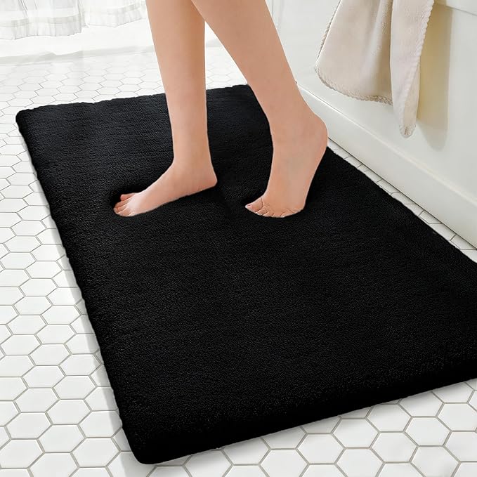 MINIDEAR Bathroom Rugs 47x20 Black - Thick Memory Foam Bath Mat, Ultra Soft & Plush Fluffy, Non-Slip, Quick Dry, Absorbent Washable Floor Microfiber Mat for Tub, Home Decor Accessories