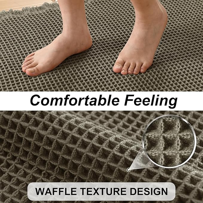 JIUZHEN Set of 2 Waffle Bathroom Rugs Non Slip Bath Mats 16"x24"+24"x48" | Olive Green, Boho, Absorbent, Washable, Ultra Soft, Fast Drying Bath Rug and Bathroom Runner for Kitchen Hallway Laundry