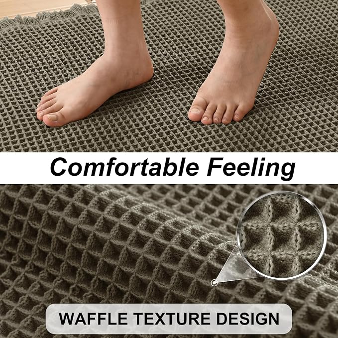 JIUZHEN Set of 2 Waffle Bath Mats Boho Bathroom Runner Rug 20"x32"+24"x60" | Olive Green, Non Slip, Super Absorbent, Washable, Soft, Fast Drying Bath Rug and Bathroom Runner for Kitchen Hallway Laundry