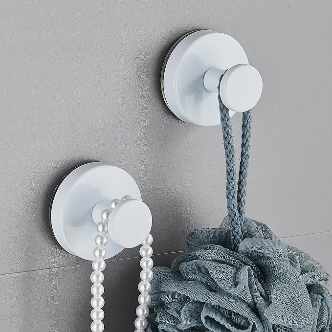 Suction Cup Hooks for Shower, Wreath Hangers for Front Door, Glass Door & Window - Strong Towel, Bath Robe, Loofah Hook Holder for Hanging up to 15 lbs - Waterproof (White, 2 Pack)