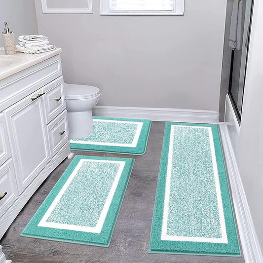 Pauwer Bathroom Rugs 3 Piece Set, Non Slip Washable Bath Mat, Teal | Soft Plush Microfiber, Super Absorbent Floor Carpet, U Shaped Toilet Mats, Quick Dry, Shaggy Shower Rugs Runners