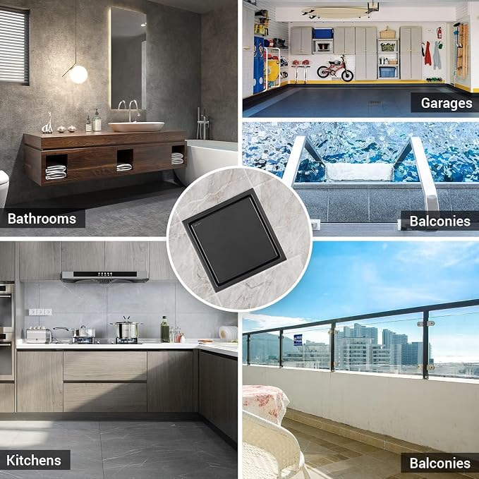 ELLO&ALLO 6 Inch Square Shower Drain Black Floor Drain with Flange Reversible 2-in-1 Cover Tile Insert Grate Removable SUS304 Stainless Steel Matte Black