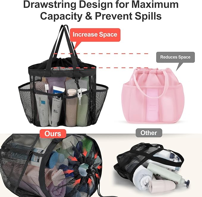 F-color Mesh Shower Caddy Portable with Drawstring - Large 8 Pockets Dorm Room Essentials for Guys Girls with S Hook, Shower Bag Basket Tote for College Camping Travel Bathroom, 2 Pack Black & Pink