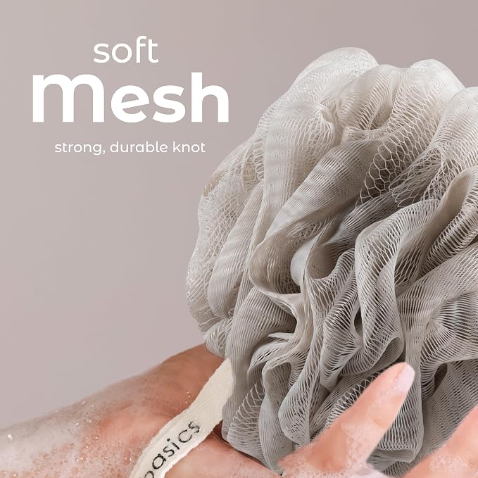MainBasics Shower Loofah Sponge Pouf, Set of 3, Totally Taupe | Soft Mesh Body Scrubber and Bath Sponge for Gentle Exfoliation, Rich Lather, and Everyday Shower Use