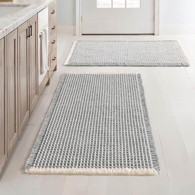 MIULEE Set of 2 Waffle Bathroom Rugs LightGrey&Cream Bath Mat 20x32 Inch | Non Slip, Super Absorbent, Washable, Ultra Soft, Rubber Backed Bath Rugs for Bathroom Floor Tub Shower, Boho Decor
