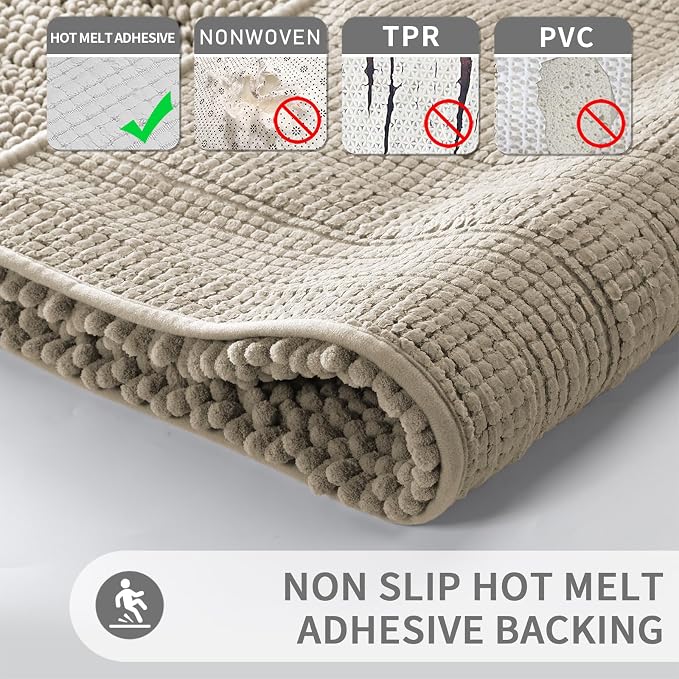 Yimobra U Shaped Toilet Rug Set, Absorbent Chenille, 24x17+24x20, Camel | Non Slip Machine Washable Quick Dry Bath Mat Set, Soft Plush Shower Rugs for Bathroom Floor Sink Tub and Shower Outside