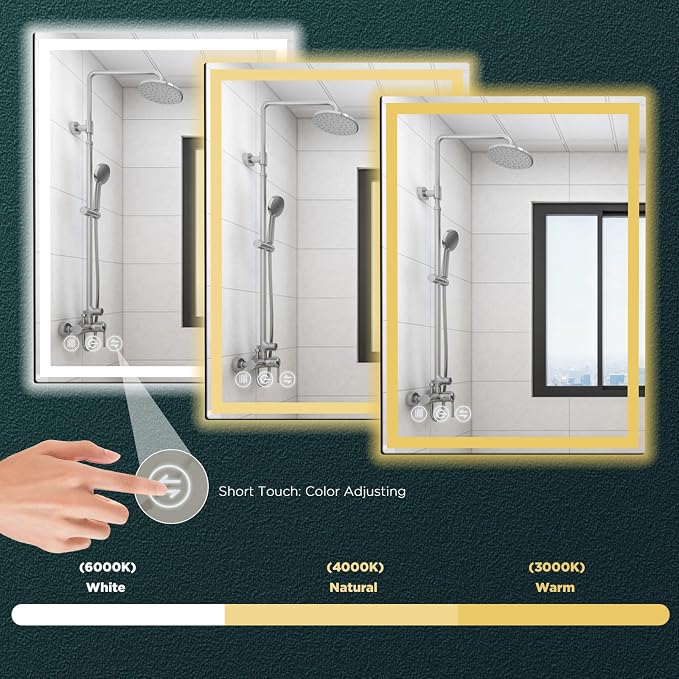 Memobarco 32" x 24" LED Bathroom Mirror with Lights, Memory Vanity Mirror | Anti-Fog, 3 Color Modes, Dimmable, Front Lit, Memory Function, Tempered Glass, Lighted Bathroom Mirror for Wall