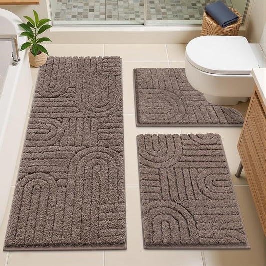 Vaukki Brown Bathroom Rugs Sets 3 Piece, 48x20+26x18+24x20 Inch | Washable Non Slip Soft Bath Mats for Shower and Tub, Plush Absorbent Microfiber Toilet Rug U Shaped