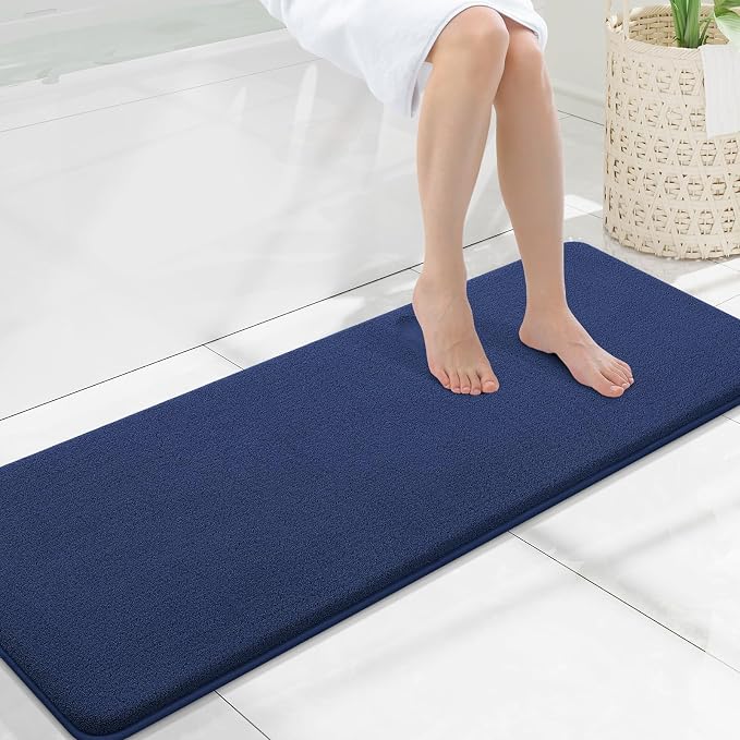 Smiry Memory Foam Bath Mat 47x17, Extra Soft Absorbent Bathroom Rugs | Navy Blue Quick Dry, Machine Washable Bath Mats for Bathroom, Shower, Tub and Home Decor Accessories