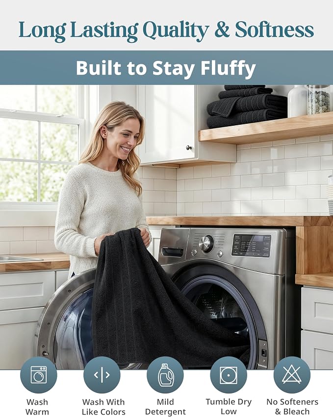 Casa Platino Towel Set for Bathroom Soft Absorbent Quick Dry - Black | Pack Of Towels - Dobby Border Accent, OEKO-TEX Certified, Ring-Spun Durability, Ring-Spun Cotton, Terry Weave Comfort
