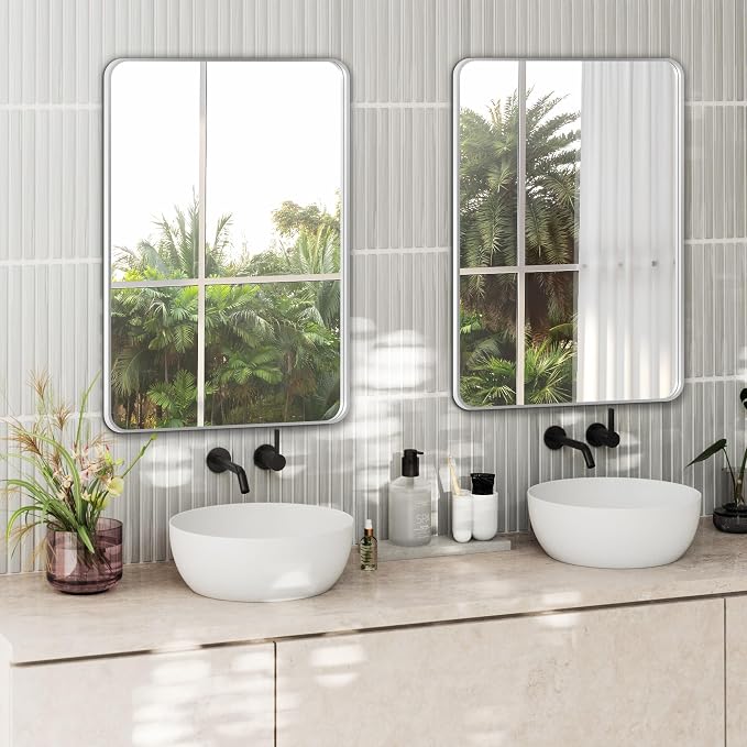 Delma Bathroom Vanity Mirror, Silver Framed Mirror for Over Sink, 30x20 | HD glass, distortion-free for makeup and grooming, Sturdy frame, all mounting hardware, hangs horizontal or vertical