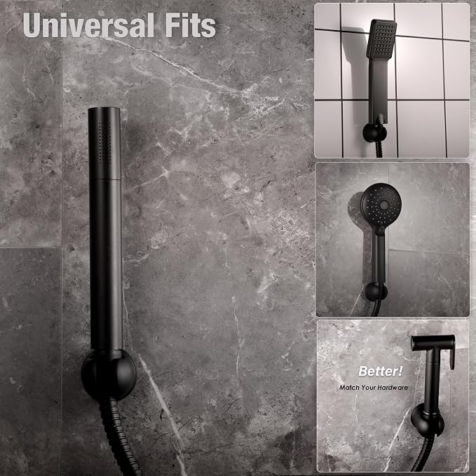 Hand held Shower Wand Holder - All Metal- 2 Ways Installation - Bathroom Wall mounted for Permanent Fixture, Minimal Shower bracket Holder - Matte Black