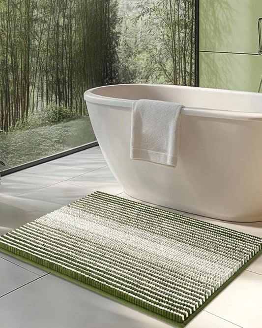 Large Chenille Bathroom Rugs, 24x36 Striped Bath Mats, Sage | Non Slip Backing, Extra Soft Absorbent, Quick Dry Machine Washable, Shower Rug for Bathroom Floor, Tub, Bedroom Decor