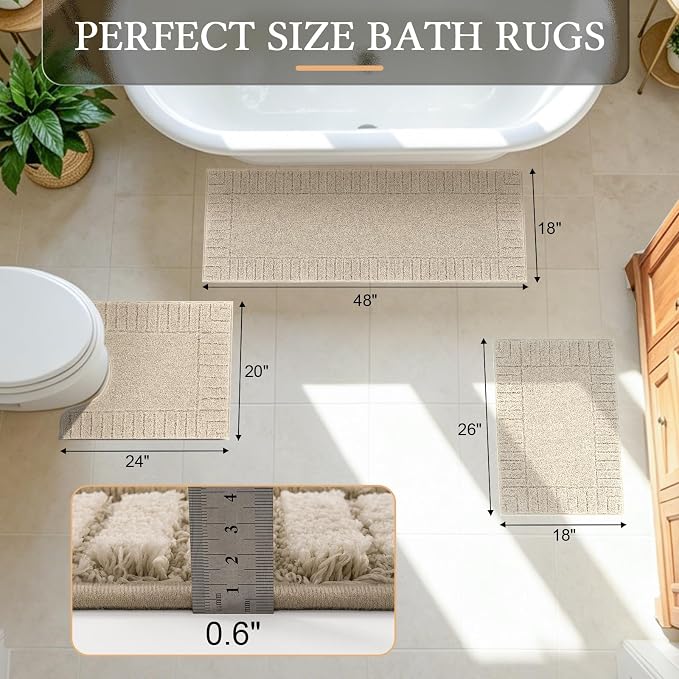 Pauwer Bathroom Rugs Sets 3 Piece, Microfiber Bath Mat Set, Light Beige | Non Slip Washable, Soft Plush, Extra Absorbent Bath Mats, U Shaped Contour Toilet Rug for Bathroom
