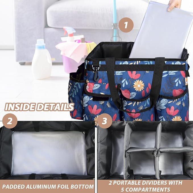 Cleaning Caddy Bag, Cleaning Caddy Organizer With Handle - Large Caddy Bag For House, Car, And Bathroom Cleaning Supplies, Housekeeping Handbag With Adjustable Shoulder Straps (Blue)