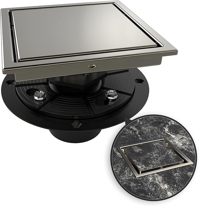 WEBANG 6 Inch Square Shower Drain Nickel Floor Drain with Flange Reversible 2-in-1 Cover Tile Insert Grate Removable SUS304 Stainless Steel CUPC Certified Brushed Nickel