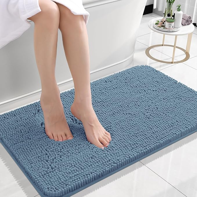 OLANLY Small Bathroom Rugs 24x16, Extra Soft Absorbent Chenille Bath Rugs | Airy Blue, Quick-Drying Rubber Backing, Machine Washable Bath Mat for Bathroom Floor, Tub and Shower, Home Decor Accessories
