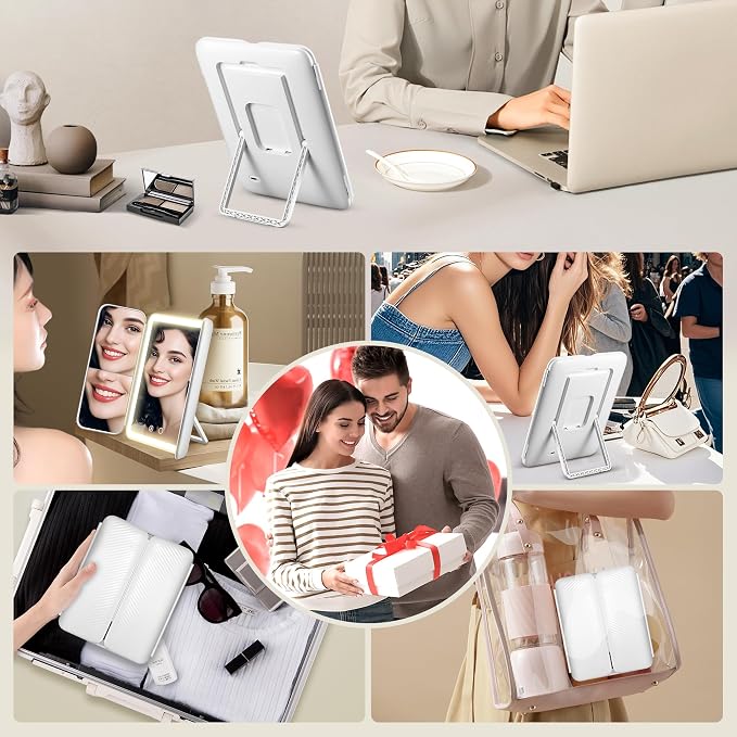 GOMIPURU Makeup Mirror with Lights and 30X/10X/5X Magnification, Vanity Mirror with 3 Color Lights, Rechargeable, Detachable, Lighted Makeup Mirror with Magnification, Trifold Mirror, Gifts, White