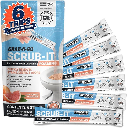 Unique Scrub-It Foaming RV Toilet Cleaner - Pink Pomelo Scent, 6 Count Stick Packs, Premeasured, No-Mess, Grab-N-Go Powder Removes Stains from RV Toilet Bowls, Helps Lubricate Valves and Seals