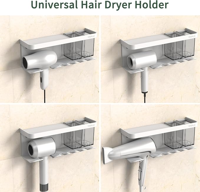 Hair Dryer Holder Wall Mounted Adhesive/Drilling, Hair Dryer Storage Organizer with Shelf & Hooks for Bathroom, Blow Dryer Holder, Hair Tool Organizer (White)