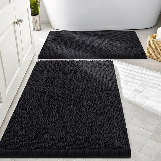 Smiry Chenille Bathroom Rugs Sets 2 Piece (30x20+24x16, Black) | Soft Absorbent Machine Washable Non Slip Shaggy Bath Rug Set for Tub, Shower, and Floor, Home Decor