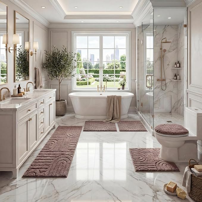 Homcomoda Bathroom Rugs Sets 5 Piece, Ultra Absorbent Bath Mat - Non-Slip Machine Washable Bath Rug Set with Bathroom Runner Rug, U-Shaped Toilet Rugs, Shower Rug & Toilet Lid Cover, Coffee