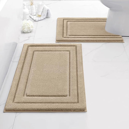 HOMEIDEAS Bathroom Rugs Sets 2 Piece, U-Shaped Toilet Rug Khaki | Super Soft and Absorbent Non Slip Microfiber Bath Rug，Machine Washable, for Bathroom, 20"x32"+U Shape 20"x24"