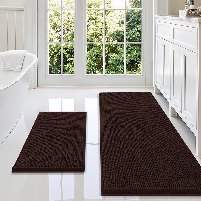 Smiry Chenille Bathroom Rugs Sets 2 Piece (59x20+24x16, Brown) | Soft Absorbent Machine Washable Non Slip Shaggy Bath Rug Set for Tub, Shower, and Floor, Home Decor