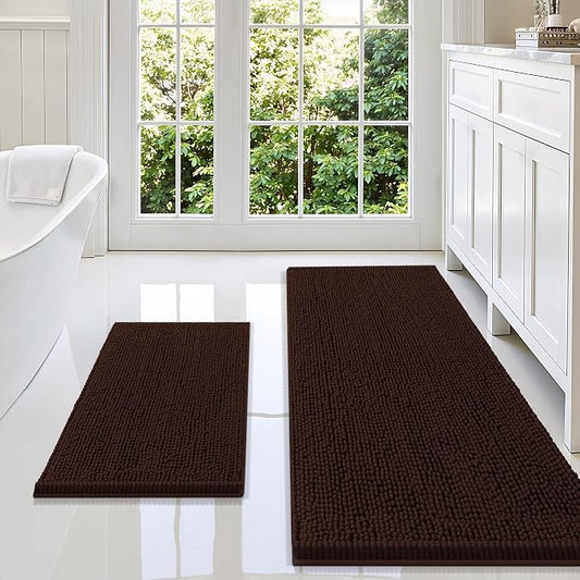Smiry Chenille Bathroom Rugs Sets 2 Piece (59x20+24x16, Brown) | Soft Absorbent Machine Washable Non Slip Shaggy Bath Rug Set for Tub, Shower, and Floor, Home Decor