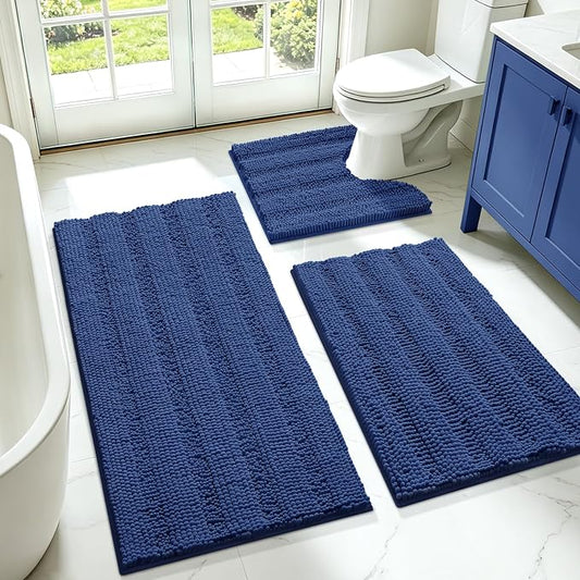Striped Denim Blue Bathroom Rug Set 3 Pieces Ultra Soft, Non Slip Chenille Bath Carpet, Absorbent Plush Shaggy Bath Mats for Bathroom, Toilet, Bedroom, Kitchen