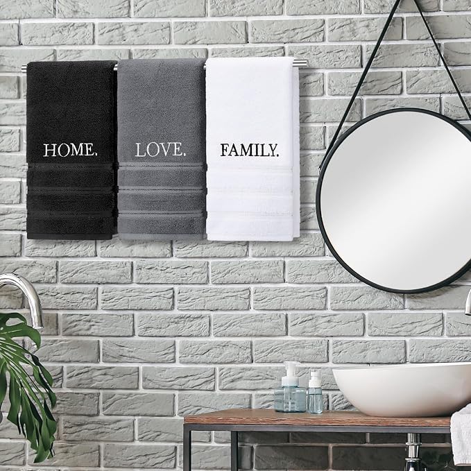 3 Pcs Hand Towels Bathroom Set,Black,Home Love Family | Embroidered Cotton Farmhouse Towels, Kitchen Decor, Rustic Boho Decorative with Text Labels, Guest Bath Home