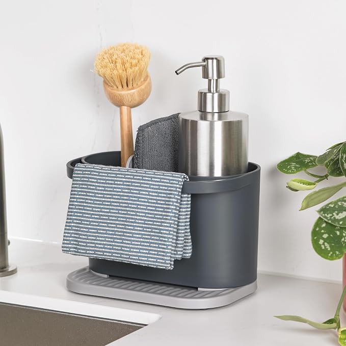 ReBorn Recycled Sink Organizer, Kitchen Sink Organizer, Two Main Compartments, Integrated Dish Cloth Rail, Ribbed and Sloped Base for Draining, Would Made in UK (Dark Grey)
