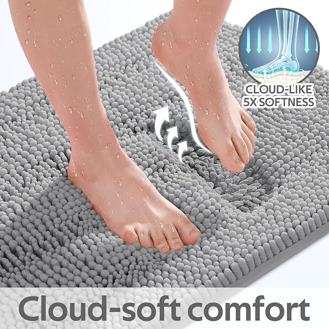 Striped Light Grey Bathroom Rug Mat Set 2 piece 32"x20"+24"x17" Ultra Soft, Non Slip Chenille Bath Rugs, Absorbent Plush Shaggy Bath Mats for Bathroom, Bedroom, Kitchen, Shower, Tub,Light Gray